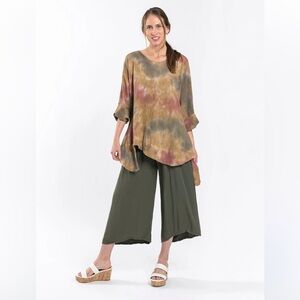 Cynthia Ashby Tie Dye Crinkle Gauze Linen Asymmetrical Tunic Top OS Lagenlook